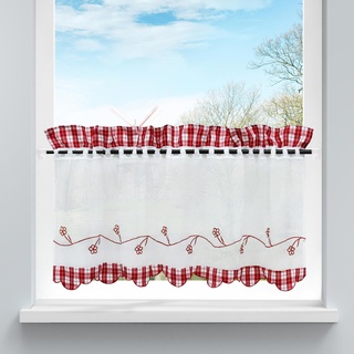 HongYa Bestickte Scheibengardine Halbtransparente Küche Kleinfenster Gardine mit Karo-Muster H/B 30/90 cm Rot