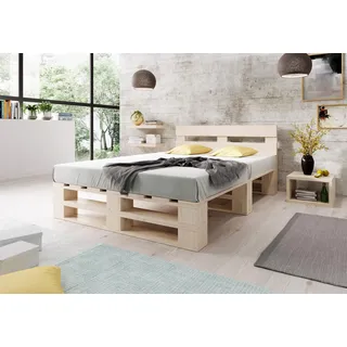 Lermowood Palettenbett M2 aus Holz 180 x 200 cm Natur mit Kopfteil Holzbett 30cm Stabiles Seniorenbett Kinderbett Jugendbett Gästebett erhöhtes Einzelbett Bettgestell Futonbett Komforthöhe Naturholz