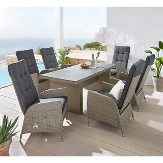 Konifera Garten-Essgruppe »Brisbane«, (Set, 13 tlg., 6 Sessel, Rückenlehne verstellbar, inkl. Auflagen, Tisch 92x192x74 cm,), Aluminium/Polyrattan, Tischplatte aus Stone-Spray-Glas in Steinoptik, Topseller