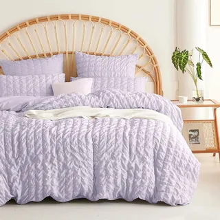 Seersucker Bettwäsche 135x200 Lila Kariert Bettbezug mit Kissenbezug 80x80 | Sommerbettwäsche Set, Modern, Kühlende, Strukturiert, Sommer, Atmungsaktiv, Leicht, Microfaser, Reißverschluss, Einzelbett