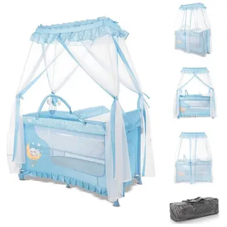 Lorelli Lorelli, Reisebett, Magic Sleep 2 Ebenen Baldachin Mobile Wickelauflage faltbar hellblau Sterne