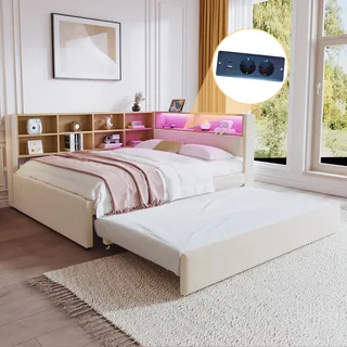 Bettsofa 140×200 Cm, Bett 2 Personen Mit Ausziehbett 90×190 Cm, Led, Usb, Typ C Und Steckdosen, Ohne Matratze, Beige