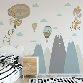 Wandaufkleber, selbstklebend, für Kinder, Riesen-Dekoration, skandinavische Berge für Kinderzimmer, Baby/fliegende Tiere, 100 x 180 cm