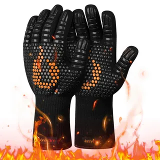 onlyfire Grillhandschuhe Hitzebeständig bis 800°C, Ofenhandschuhe rutschfest, Feuerfeste Handschuhe, Backhandschuhe für Backen/Grillen/Kochen/BBQ, Kochhandschuhe, Kamin-Handschuh, Schwarz