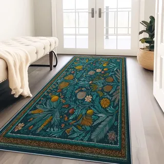 William Morris langer Teppich, maschinenwaschbar Blumen Dunkelgrün Kurzflor Weicher Wohnzimmerteppich - Teppich Läufer für Schlafzimmer Esszimmer Badematte Waschbecken Flur Küche – 60 x 180 cm
