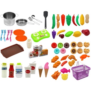 adawd Spielküchenzubehör – Spielküche vortäuschen, 60 Stück Lebensmittelkorb Spielzeug Lebensmittel für Kinder Pädagogisch gefälschte Früchte Gemüse Kekse Geschirr Spielhaus Zubehör