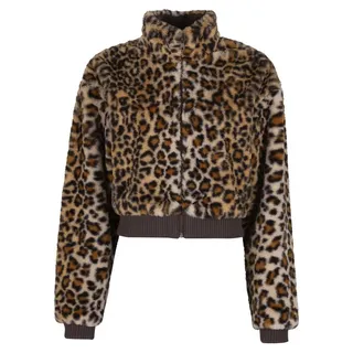 URBAN CLASSICS Damen Kunstfell Jacke Ladies Cropped Faux Fur Leo Jacket, kurzer Teddy Blouson mit Leopardenmuster, weiche Leo-Felljacke, Größen XS - XL - L