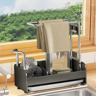 Nexoria Spülbecken Organizer, Küchen Organizer Küche Spülbecken Spüle Sink Organizer Edelstahl Schwammhalter Küche mit Auffangschale Spültuchhalter Caddy Organizer Spüle Organizer für Küche (Schwarz)