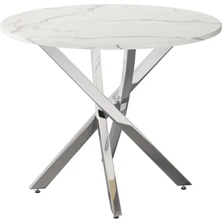 MODFU Esstisch MDF Weiß/Silber 80x80x75 cm, runde Marmoroptik, verchromtes Kreuzgestell