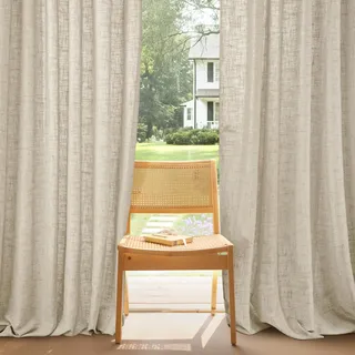 PONY DANCE Linen Curtains with Rail Hooks Wohnzimmer Vorhänge Leinen Kräuselband 1er Set H 260 x B 300 cm Beige, Extra Breite Gardine für Schienesystem Leinenvorhang Boho Halbtransparent