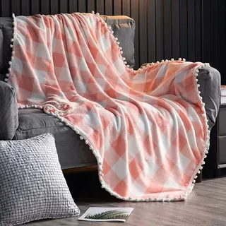 Fleecedecke Mit Quastenfransen, Rot-schwarz Karierter Flanellüberwurf Für Schlafsofa, Geeignet Für Alle Jahreszeiten (rosa Und Weiß, 130 X 150 Cm)