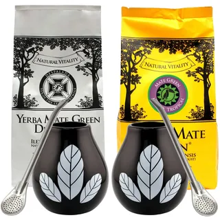 Yerba Mate-Tee Set für Zwei ● 200g Mate Green Mas IQ Tropical ● 200g Mate Green Despalada 200g ● 2x Keramik becher Hoja 350 ml mate tee tasse ● 2x Edeltahl trinkhalm Bombilla ● Guarana