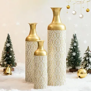 FammyLoft Metall Bodenvase Groß Set 3, Vintage Floor Vases, Weihnachten Weiß Gold Vase, Pampas Branch High Decorative Bodenvase Living Room Bedroom, Large -83/65/50cm High, Home Decoration
