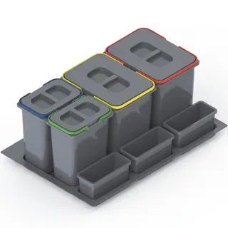 REJS Mülltrennsystem Küche für 80 cm Schrank 4-fach 72,5x49x30 cm (2x 15L + 2x 7L) mit Deckel Einbau Abfallsammler für Schubladen Küchenabfalleimer Abfalltrennung Abfallbehälter Set Silberfarben