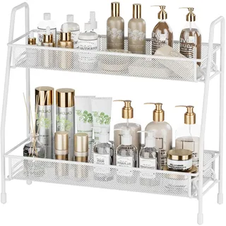 EKNITEY Badezimmer Organizer Aufbewahrung – 2 Tier Küchen Gewürzregal Bathroom Organizer for Vanity Kosmetik & Make-up Lagerung,Weiß