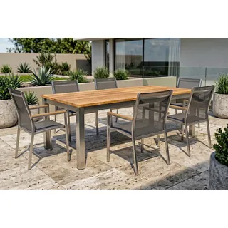 STERN Cardiff Garten-Essgruppe, silber/silbergrau, Edelstahl/Teak, Tisch 220/340 x 100 cm, 6 Stapelsessel, FSC®-zertifiziertes Produkt