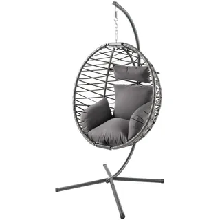 riess-ambiente In- und Outdoor Hängesessel Ibiza anthrazit Rattan mit Gestell wetterfest inkl. Kissen Hängekorb Hängeschaukel Hängestuhl 120kg zum Aufhängen