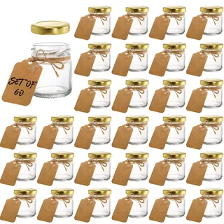 Kingrol 60 Stück 45ml Honig Glasgläser mit Deckel, Glas Klein Einmachgläser Mini Marmongläser mit personalisierten Etiketten und Schnur für Gewürze, Kräuter, Marmelade, Handwerk, Gastgeschenke
