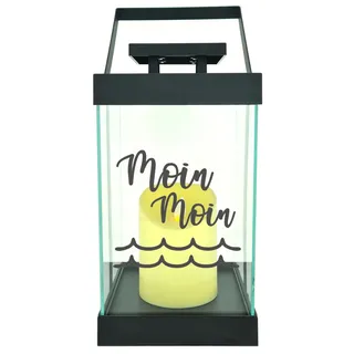 Edle Glas-Laterne mit LED-Kerze, Moin Moin Welle maritim, Timer, 35cm hoch mit B