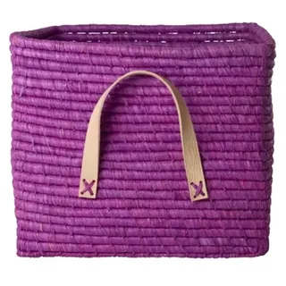 RICE Raffia Aufbewahrungskorb mit Lederschlaufen 30x30x25 cm, L30 x B30 x H25cm, lila