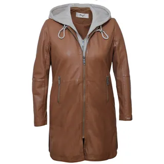 Langjacke MAZE "42021316", Damen, Gr. 44, braun (cognac), Obermaterial: 100% Lammleder / Futter: 100% Baumwolle / Ärmelfutter: 100% Polyester / Kapuze: 55% Baumwolle; 45% Polyester, Jacken