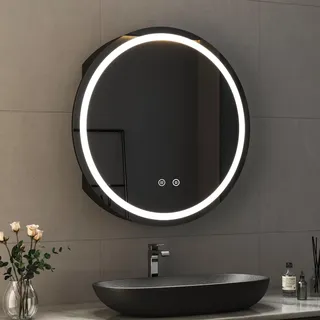 Boromal LED Spiegelschrank Rund mit Beleuchtung Schwarz Badezimmer Spiegelschrank Bad mit Beleuchtung Metall Badezimmerschrank Rund mit Stecker, Dimmbar, Beschlagfrei, Ablage (80x80x13cm)