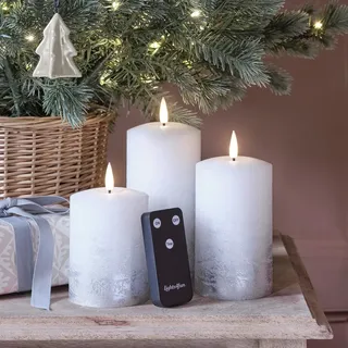 Lights4fun 3er Set LED TruGlow® Weihnachtskerzen Silber Ombre mit Fernbedienung und Timer Batterie Weihnachtsdeko Silber Tischdeko Weihnachten