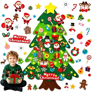 Filz Weihnachtsbaum Kinder 51 stück, 3.28ft DIY Kinder Weihnachtsbaum Filz Set mit 4m Lichterkette Abnehmbaren Ornamenten,Klett Filzweihnachtsbaum für Home/Tür/Wand Hängende Deko Weihnachten Geschenke