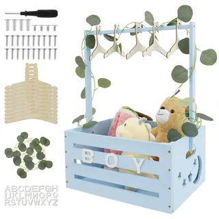 Holzkorb Babyparty 40 * 30 * 20 cm Holzkiste für Babyparty Glatt Gratfrei mit 10 Kleiderbügel Babyparty-Kleiderschrank Holz mit Griff Holz Babyparty Schrank Baby Kleiderständer für Babyparty (Blau)