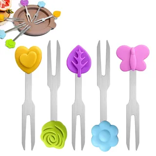 5 Stück Obstgabeln aus Edelstahl, Mini Wiederverwendbar Obst Gabel Set, Delstahl Piekser Mit Silikon Deko Dessertgabeln Kuchengabeln Gebäck Gabeln für Haus Küche Café Picknicks Party