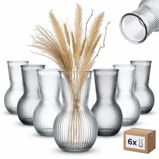 gouveo 6er Set Glasvasen Vertical 180 Farbmix – Geriffelte Blumenvasen aus Glas in Grau und Transparent für Tischdeko, Hochzeit (VV180MIX)