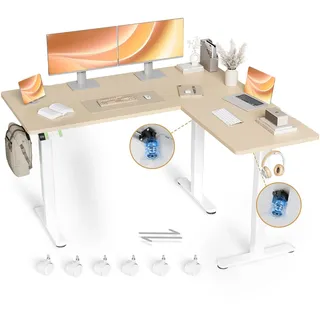 Claiks Eckschreibtisch Höhenverstellbar 160x140cm mit Dual-Motor, L Form Höhenverstellbarer Schreibtisch auf Rollen, L-förmiger Schreibtisch, Beige