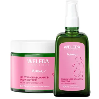 WELEDA Bio Mama Schwangerschaftsöl & Body Butter Set – Naturkosmetik Babybauch Massageöl & Körperbutter gegen Dehnungsstreifen, vegane Schwangerschaft Hautpflege mit Jojobaöl, Sheabutter & Kakaobutter