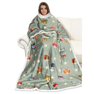 Catalonia Classy Decke mit Ärmeln als Geschenk für Frauen Herren, Flauschig Sherpa Kuscheldecke mit Ärmel, Cozy Ärmeldecke Warm Decke zum Anziehen Erwachsene, 185 x 140 cm Katze Hund Grau - Sherpa mit / Ärmeln