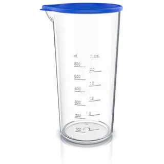 Arendo Messbecher mit Deckel, 600ml, 20 Unzen, Klarsichtbecher, Mixbecher aus Kunststoff, Kunststoff, (1-St), ideal für elektrische Handmixer, Stabmixer & Handrührer, BPA-frei blau|weiß