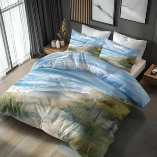 Generisch Bettwäsche 135x200 Strand Meer, Weiche Bügelfreie Mikrofaser Bettbezug Set 2tlg, Natur Landschaft Muster Schlafzimmer Deko, 1 Kissenbezug 80x80, mit Reißverschluss CGT64