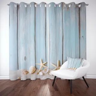 Tyafsgvqo Seestern Muschel Vorhang mit Ösen 2er Set, Bauernhaus Holzoptik | Gardinen Wohnzimmer 225x70 cm, Nautische Maritim Verdunkelungsvorhänge Blickdicht Schlafzimmer Thermo Schallschutz Blackout