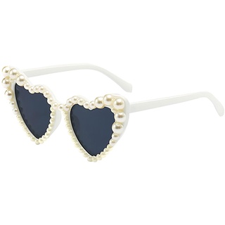 1er-Pack Damen-Sonnenbrillen in Herzform mit Perlen, Vintage Love Heart Sonnenbrillen, DIY-Herzform-Perlen-Sonnenbrillen, Damen-Perlen-Vintage-Liebesherz-Sonnenbrillen für Die Urlaubsparty (Weiß)