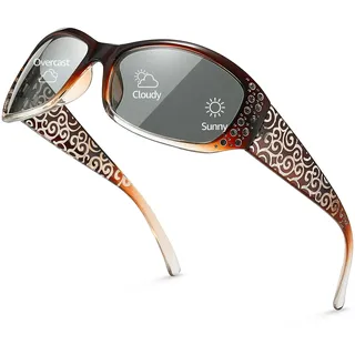 TJUTR Selbsttönende Polarisierte Sonnenbrille für Damen mit UV400 Schutz, Wrap-Around Design mit Strass und graviertem Bügel - L