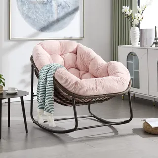 Garten-schaukelstuhl Aus Stahl In Rosa, Handgeflochtene Rattan-optik, Mit Kissen Und Ergonomischer Form
