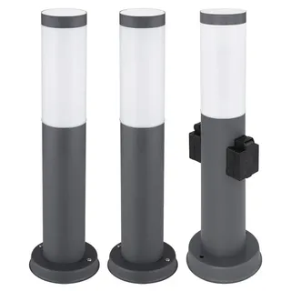 3er Set RGB LED Sockelleuchte, Edelstahl, 2x Steckdose - Grau