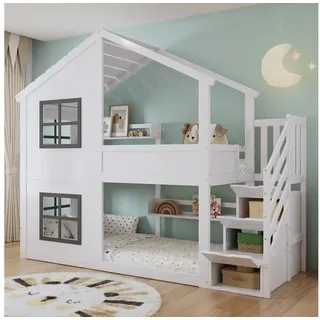 OKWISH Etagenbett Kinderbett Stauraumbett (mit Dach und Fenster, Stabiler Lattenrost, Dreistufiger Treppen-Schrank, Praktisches Kinderzimmermöbel 90x200 cm), Inklusive Matratze weiß