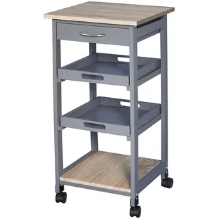 HOMCOM Servierwagen Küchenwagen mit Rollen 2 abnehmbare Tabletts, Schublade, Regal helle Eiche Holz Kiefer grau