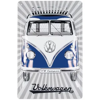 BRISA VW Collection - T1 Bulli Bus Blechschild Vintage Dekoration | Volkswagen Retro Metallschild Wandschild Garage Werkstatt Hobbykeller, Front/Blau