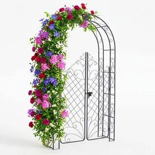 Relaxdays Rosenbogen mit Tür, Metall, Torbogen Garten, HxBxT: 220 x 120 x 40 cm, Rankbogen für Kletterpflanzen, schwarz