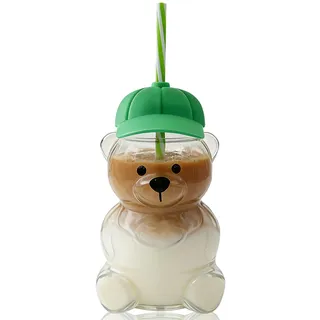 Kertaym Trinkbecher Bär Becher mit Deckel und Strohhalm Bear Cup Bär Glas Cute Bear Glass Cup Süße Gläser für kalte & heiße Getränke, Freunde & Geschenke (G)
