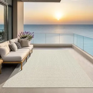 Wetterfester Teppich für Innen und Außen - Jute-Look für Balkon, Terrasse, Garten, Wohnzimmer und Esszimmer, pflegeleicht und UV-beständig, Creme,