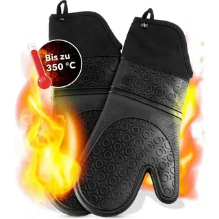 AVANA Silikon Ofenhandschuhe Hitzebeständig bis 350°C Anti-Rutsch Schwarz | Topfhandschuhe mit weichem Baumwoll-Innenfutter, Kochhandschuh lang, Handschuhe zum Kochen und Backen