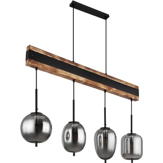 Hängelampe Pendellampe Deckenleuchte Esszimmerleuchte Küchenleuchte, Metall Glas Holz rauch schwarz, 4 Flammig, H 120 cm