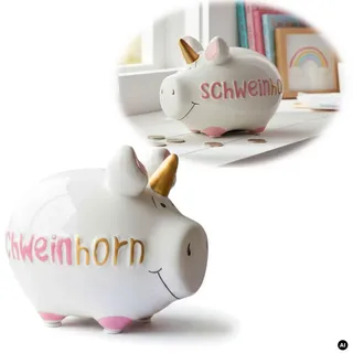 LS-LebenStil Spardose Keramik Sparschwein Spruch Schweinhorn Weiß Rosa Gold Sparbüchse, (perfekt als Geschenk zum Geburtstag Hochzeit oder Verlobung, Taufe, 1-tlg., 100% von Handbemalt, mit Filzgleiter - keine Kratzer), Exklusives Design, Originelle lustige Sprüche weiß 12.00 cm x 12.00 cm x 9.00 cm x 9.00 cm